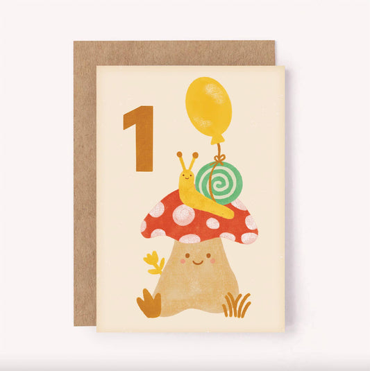 First Birthday Mushroom Snail Birthday Card