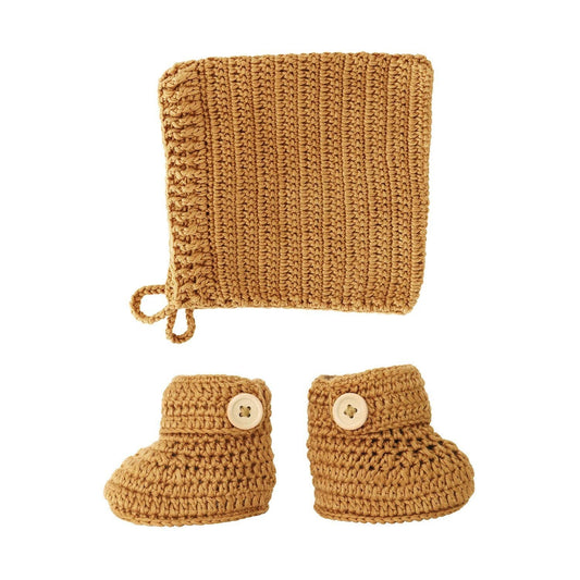 Crochet Bonnet & Bootie Set in Cinnamon