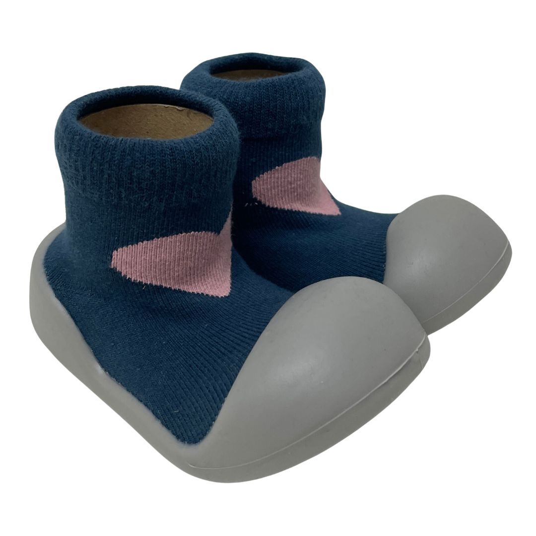 Rubber Soled Socks - Navy/Pink Heart