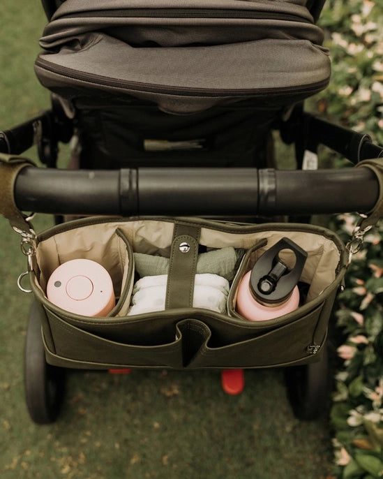 Vegan Leather Stroller Organiser/Pram Caddy - Olive