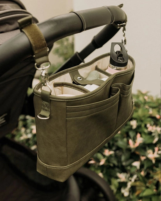 Vegan Leather Stroller Organiser/Pram Caddy - Olive